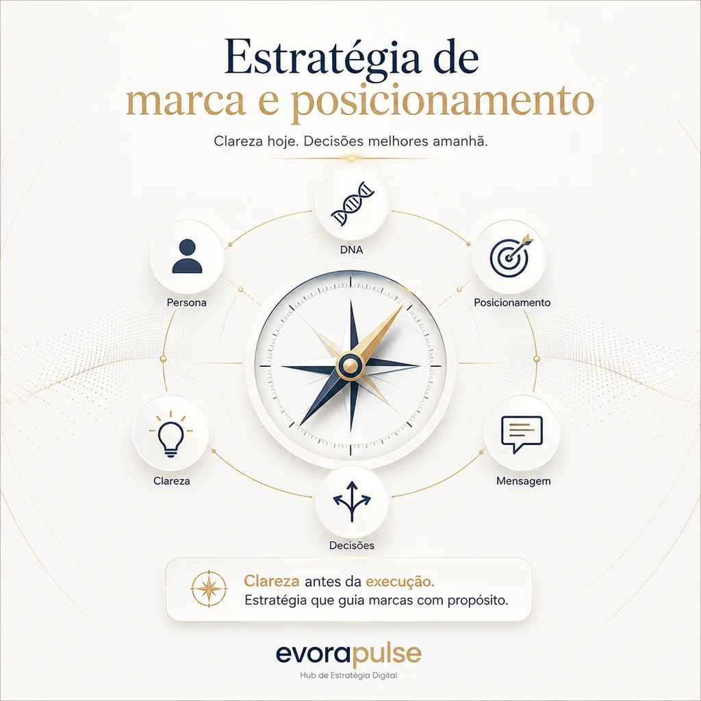 Mapa visual de estratégia de marca, posicionamento, DNA e direção de comunicação